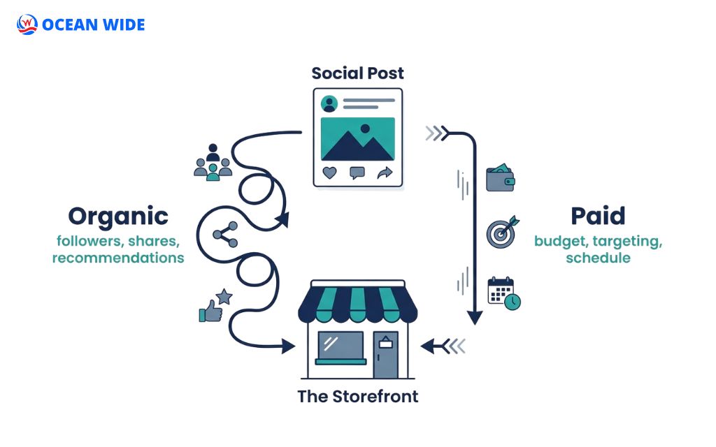 Difference between organic and paid social media shown as two paths from one social post to a customer