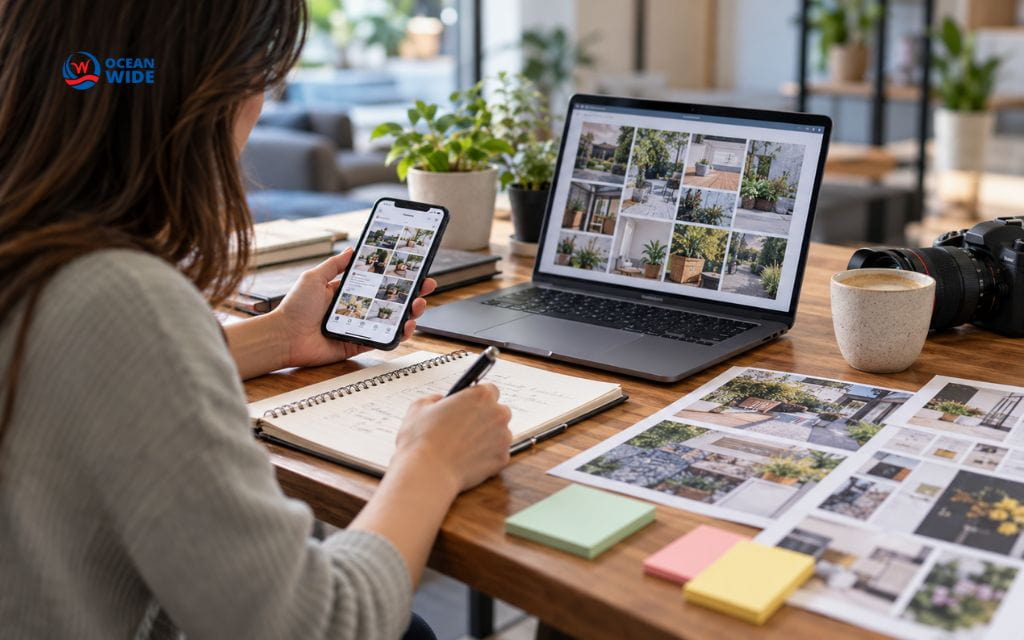 Marketer planning how to create shareable content with photos on a laptop, a phone, and printed mood boards