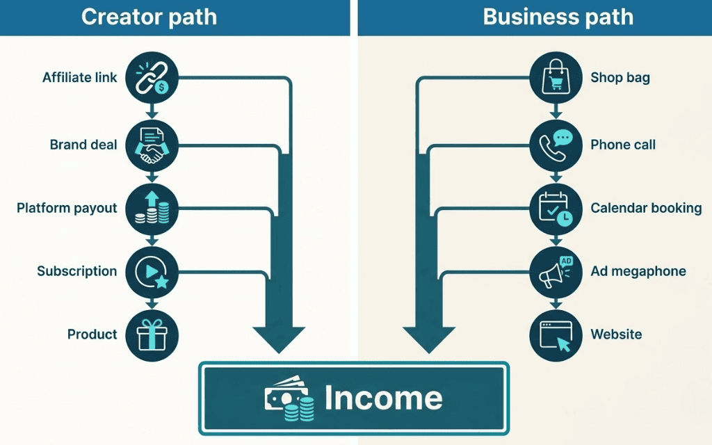 Diagram showing the creator path and the business path to making money on social media