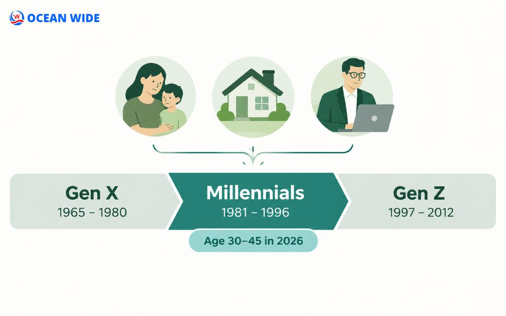 Timeline showing millennials born 1981 to 1996 and aged 30 to 45 in 2026 next to Gen X and Gen Z
