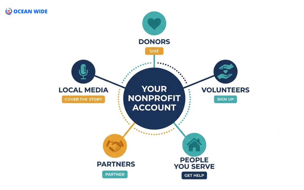 Diagram of 5 nonprofit social media audiences: donors, volunteers, beneficiaries, partners, and local media, each linked to a call to action