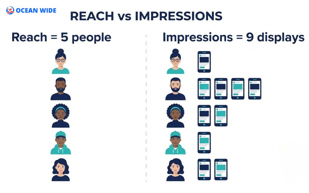 Diagram comparing reach as unique people and impressions as total content displays on social media
