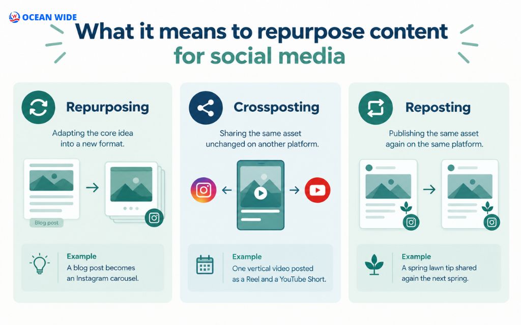 Infographic comparing repurposing, crossposting, and reposting content for social media