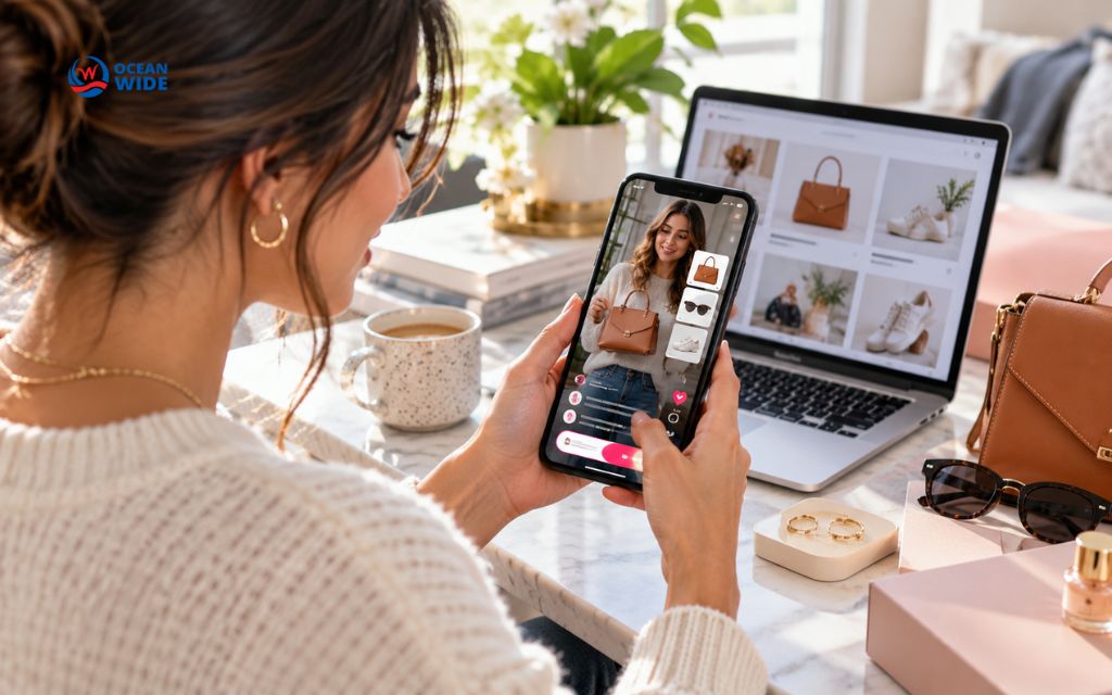Woman watching a shoppable video on her phone beside a laptop product grid, an example of social shopping