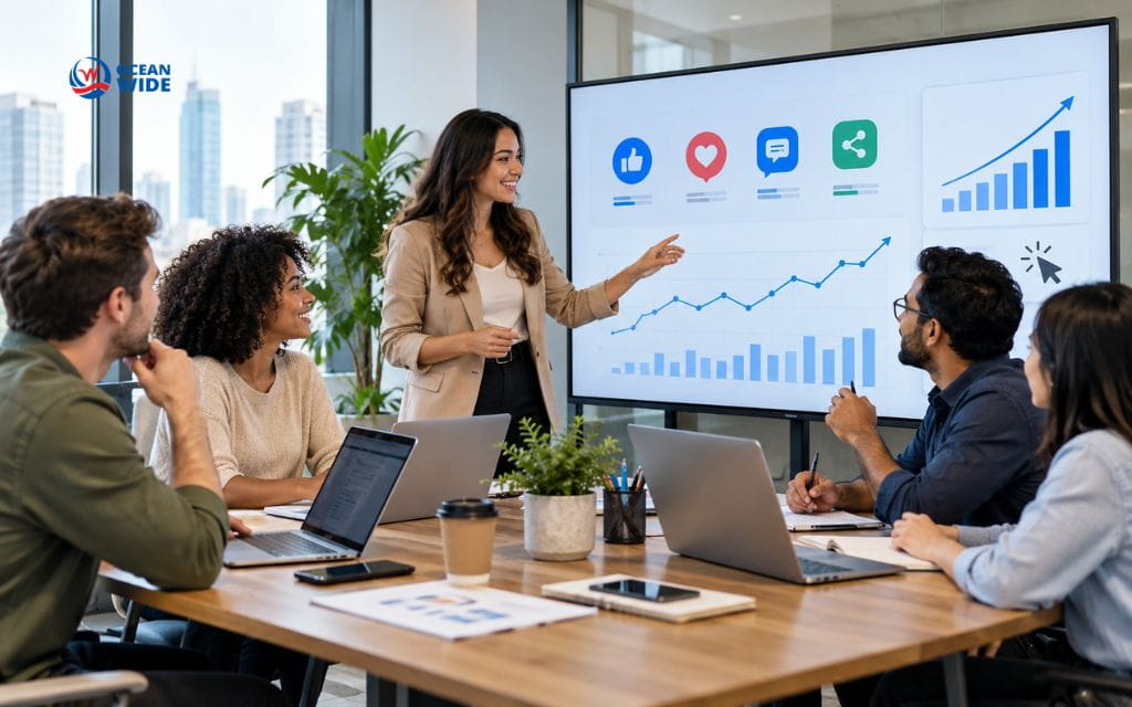 Marketing team reviewing social signals icons and growth charts on a meeting room screen