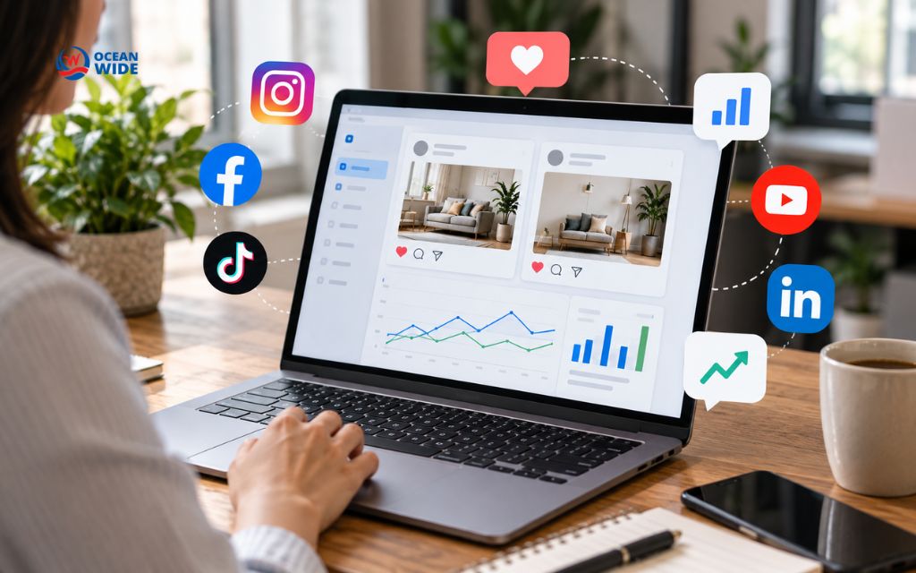 Marketer running social testing on a laptop, comparing two post versions beside engagement charts