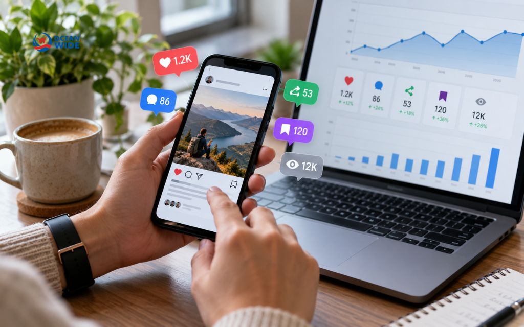 Smartphone post with like, comment, share, save, and view counts beside an analytics dashboard on a laptop