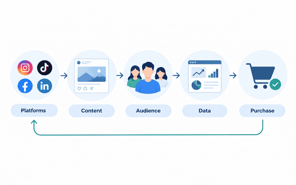Alt text: Social media marketing ecosystem connecting platforms, content, audience, data, and purchase.