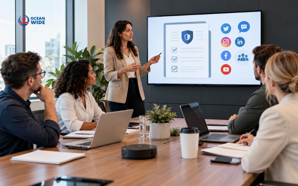 Team leader presents a social media policy checklist with platform icons to colleagues in a meeting room