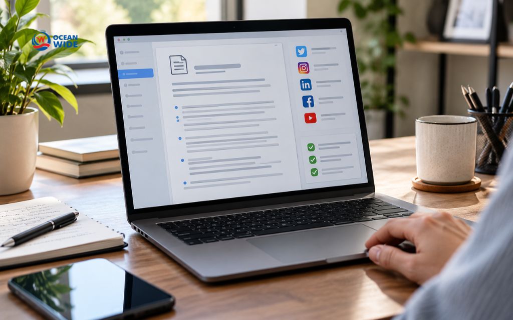 Laptop screen showing a written social media policy with platform icons and a checklist