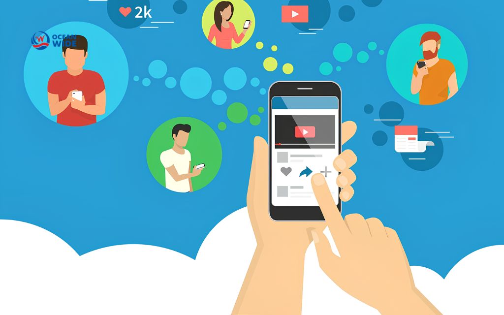 Illustration of people sharing a video post on their phones with like and share icons around a hand holding a smartphone