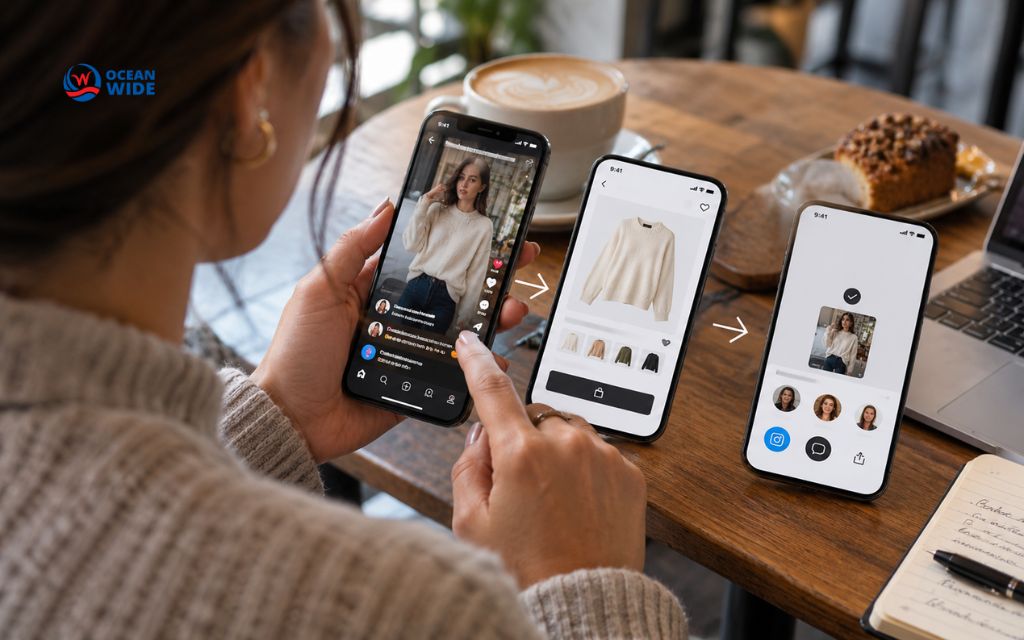 Three phone screens showing a creator video, a sweater product page, and a share menu in a social shopping flow