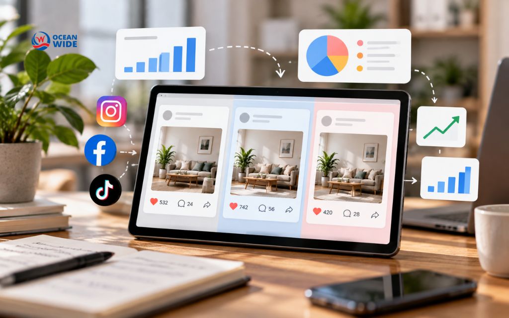 Tablet showing three versions of the same social post with different likes and comments beside performance charts