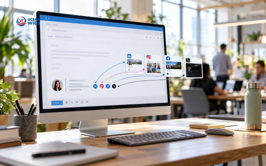 Email composer on a desktop monitor with signature icons for LinkedIn, Instagram, Facebook, and X linking to profiles