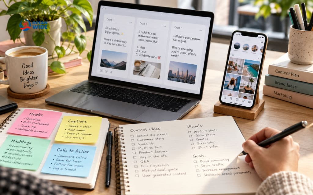 Laptop with three draft captions, a phone with an Instagram grid, and sticky notes on hooks, captions, hashtags, and CTAs