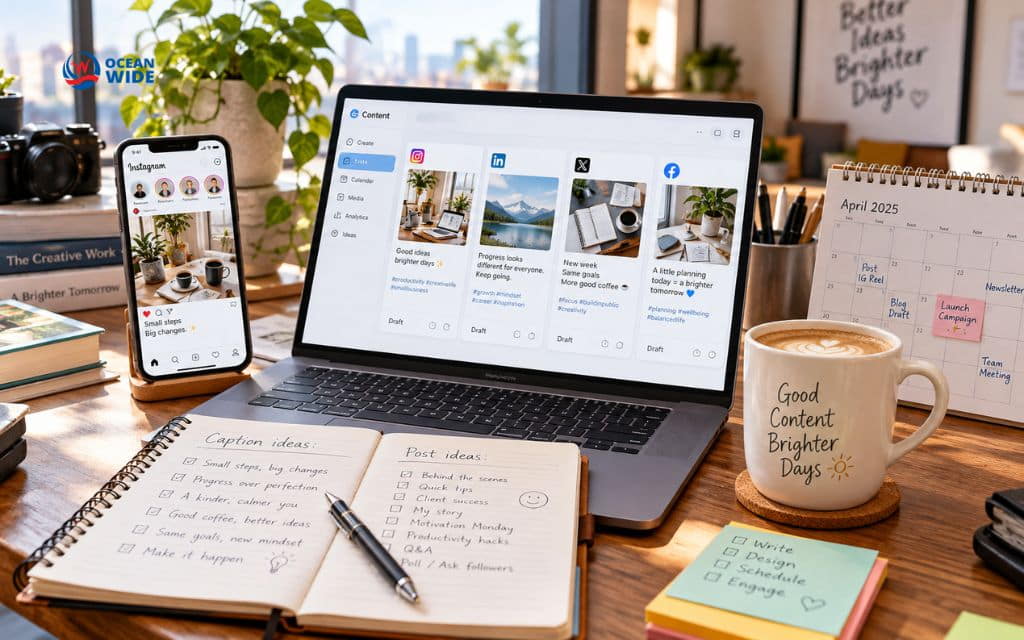 Laptop, phone, and notebook showing draft posts for Instagram, LinkedIn, X, and Facebook beside a content calendar